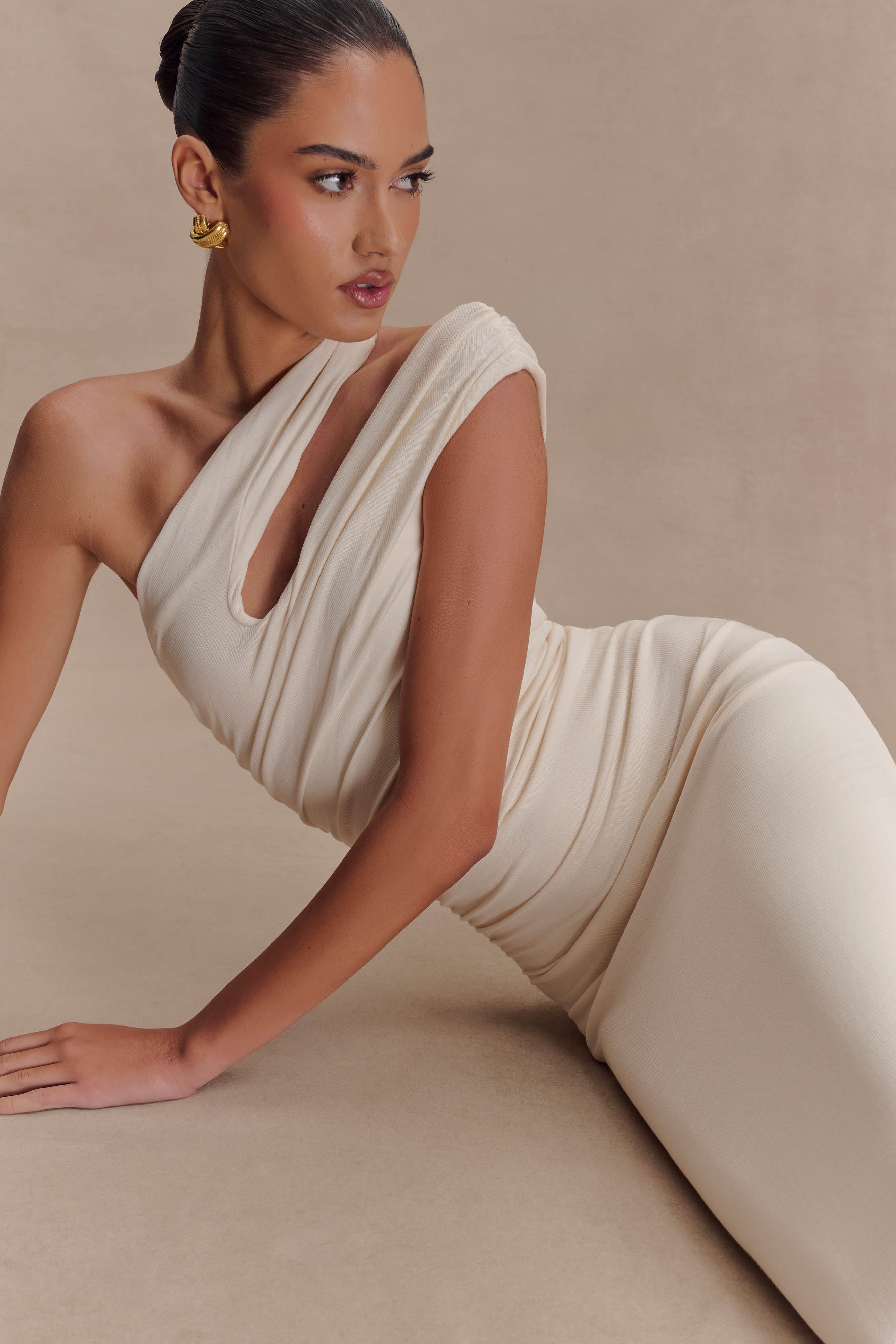 Anastasia Tek Omuz Modal Midi Elbise - Fildişi