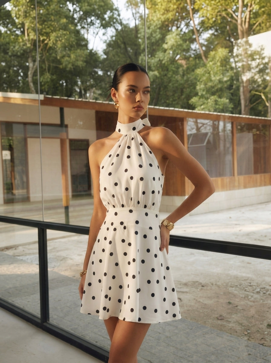 Puantiyeli Halter Yaka Mini Elbise Beyaz Sırtı Açık A Kesim