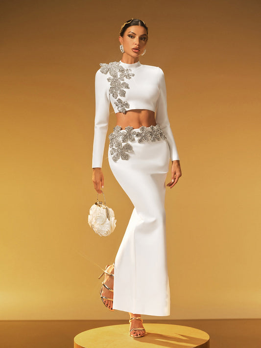 Almira Uzun Kollu Çiçekli Bandaj Etek Takımı Beyaz