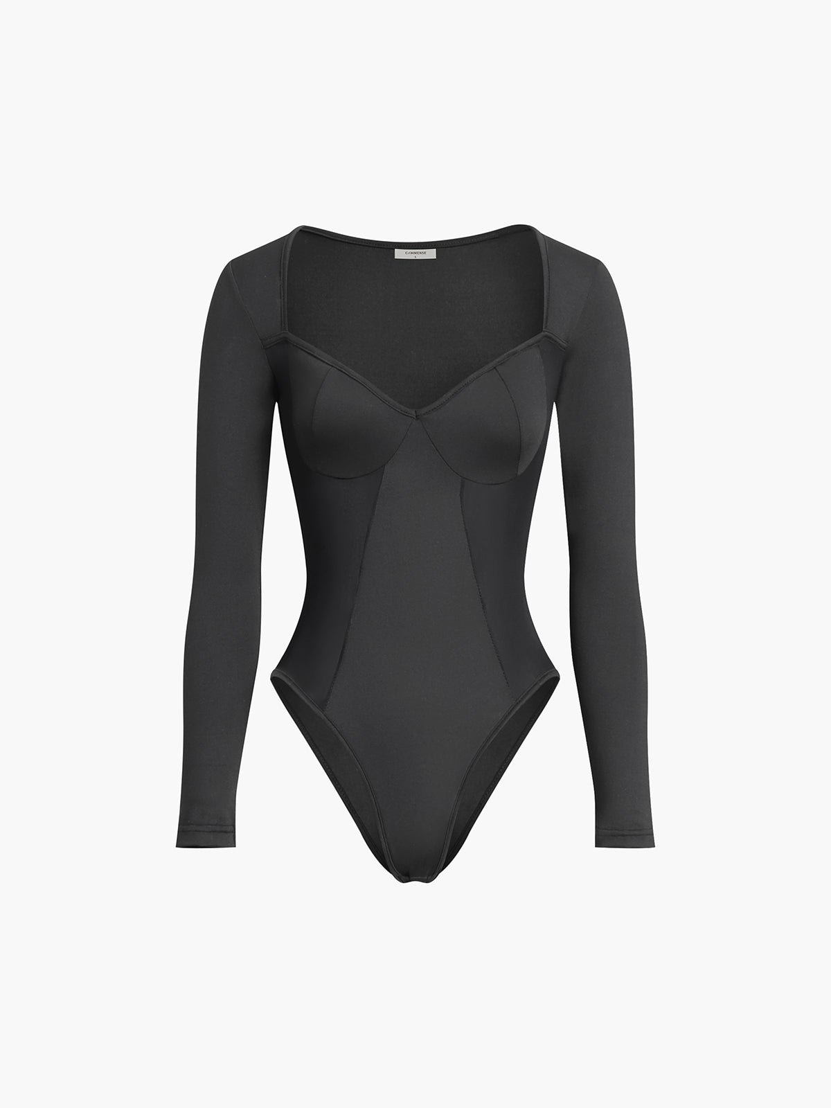 Kalp Yaka Uzun Kollu Bodysuit Siyah Yama İşi