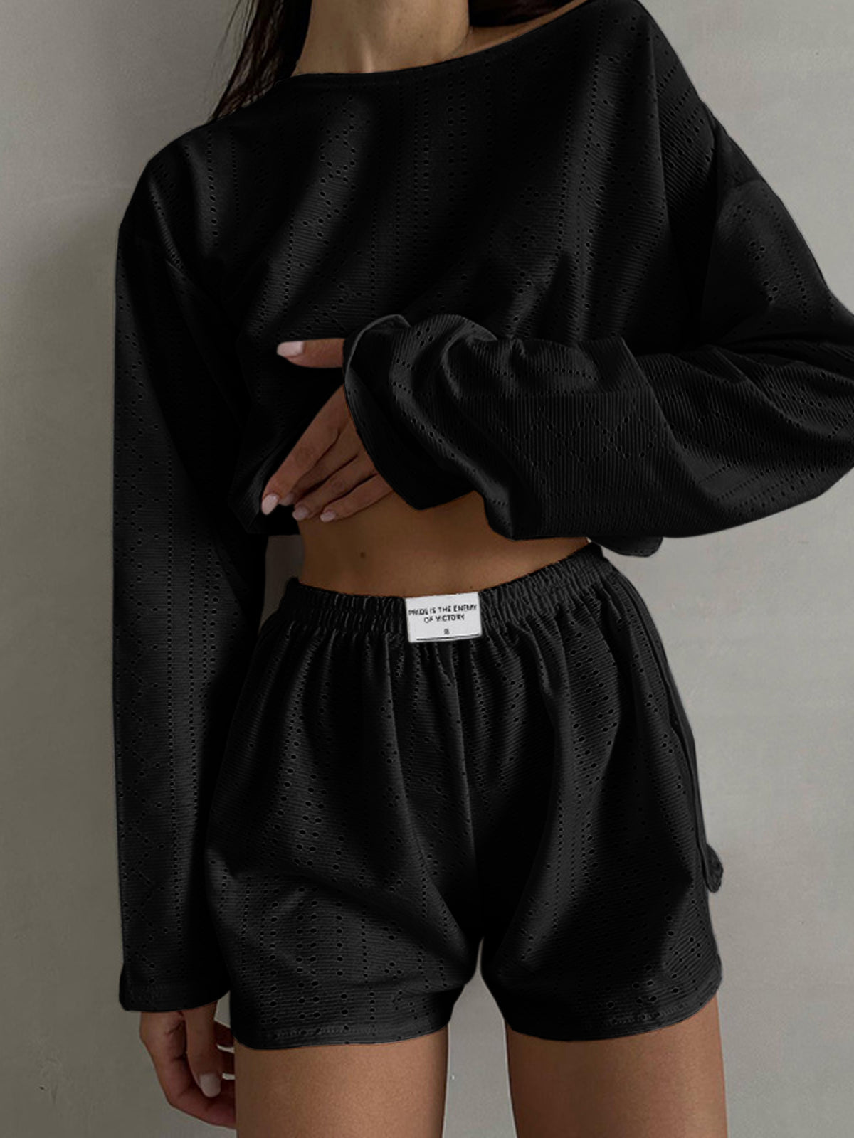 Yırtık Detaylı Şort Takım Siyah Uzun Kollu