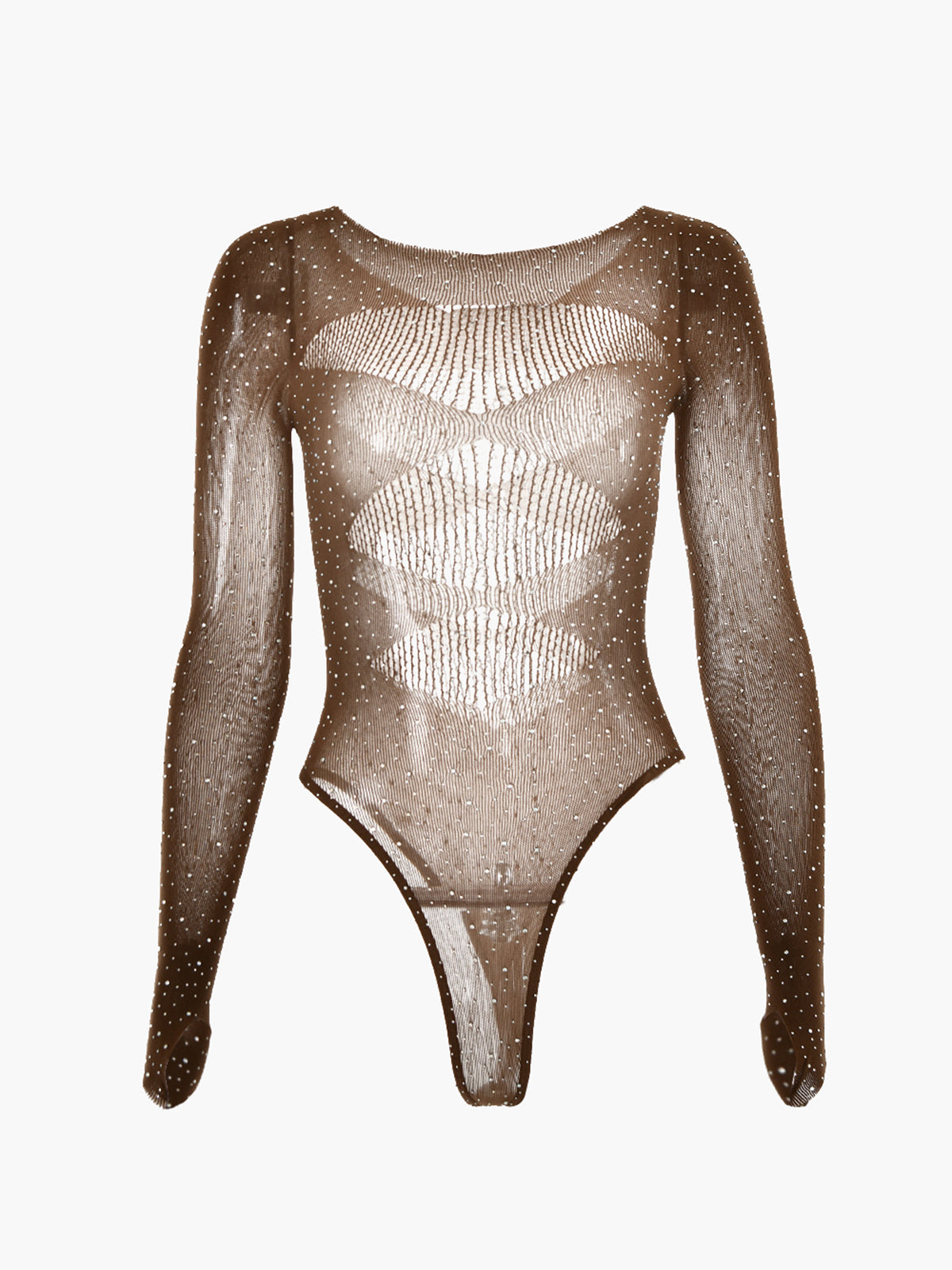 Parlak Taşlı Transparan Bodysuit Haki Uzun Kollu