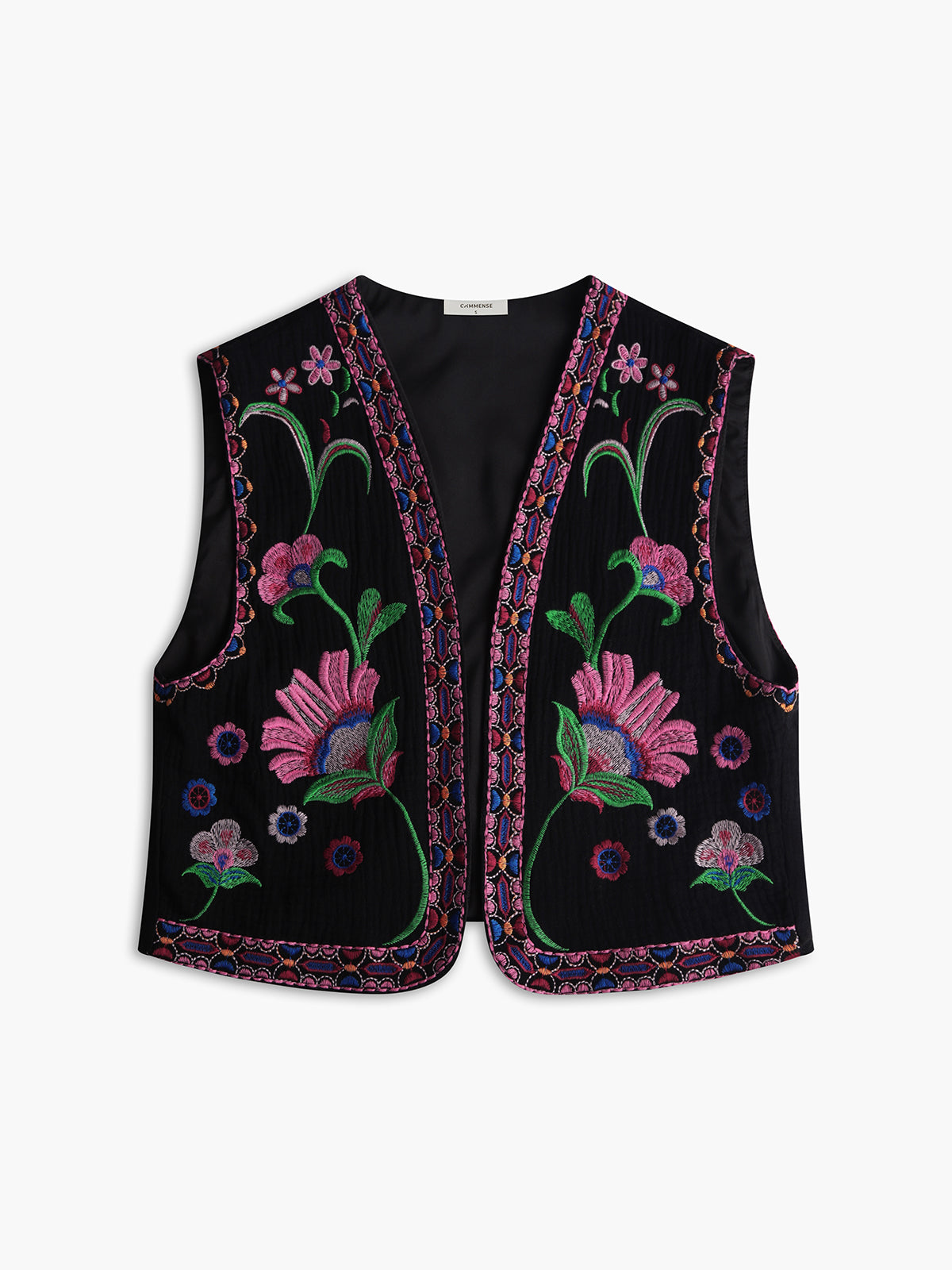 Çiçek Nakışlı Önü Açık Yelek Siyah Kolsuz