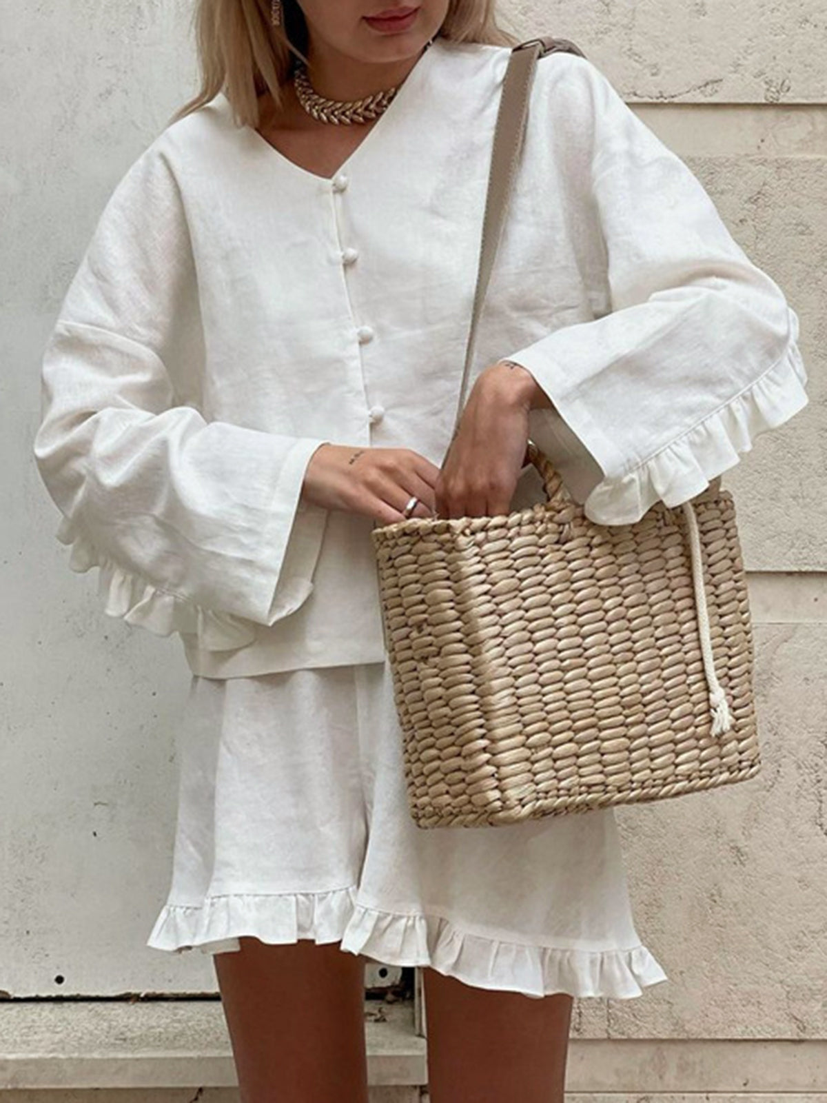 Saf Pamuk Fırfır Dekorlu Şort Takım Kirli Beyaz Yüksek Bel