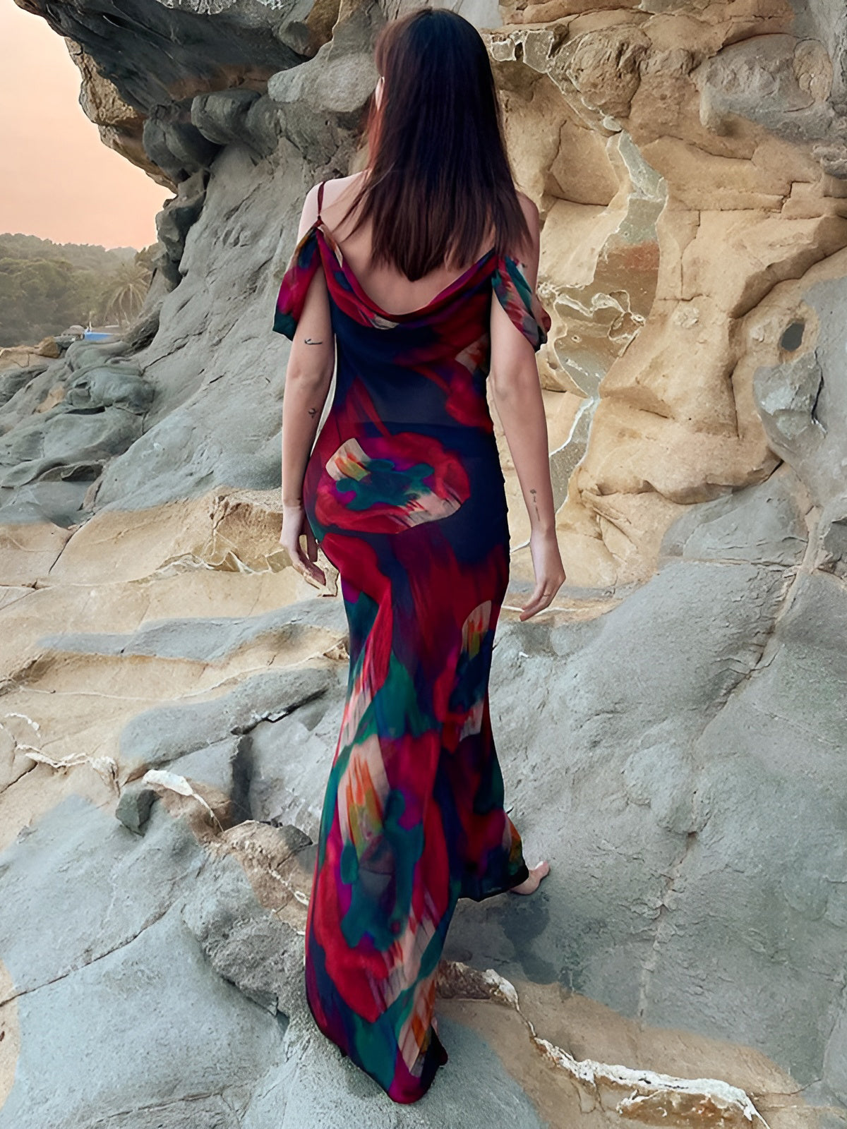 Çiçekli Askılı Maxi Elbise Kırmızı Transparan