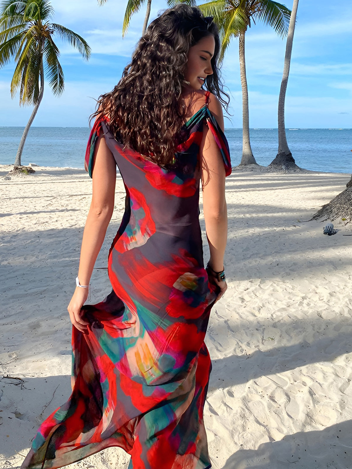 Çiçekli Askılı Maxi Elbise Kırmızı Transparan