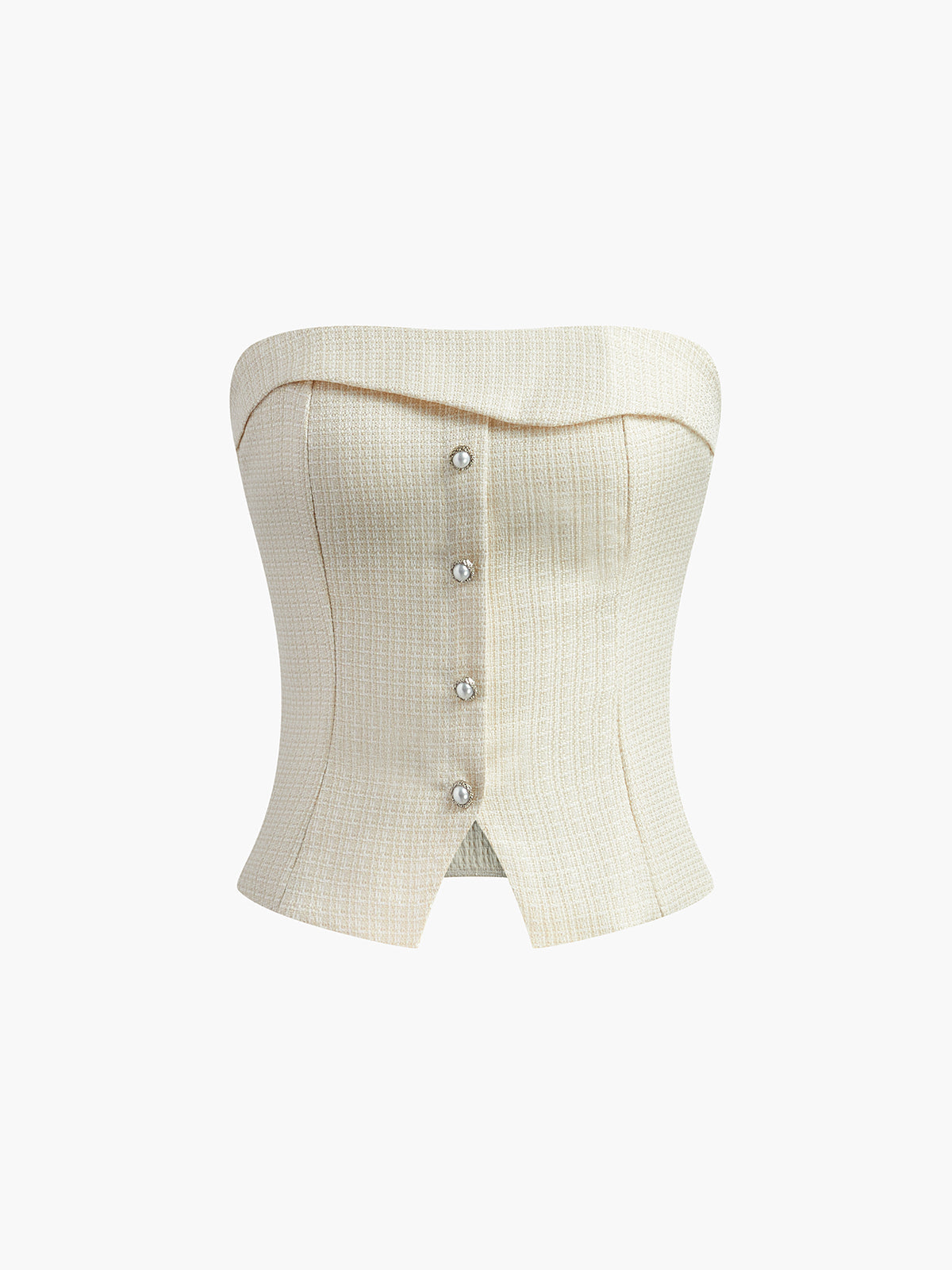 Pileli Straplez Etek Takım Düğmeli Fermuarlı Ekru