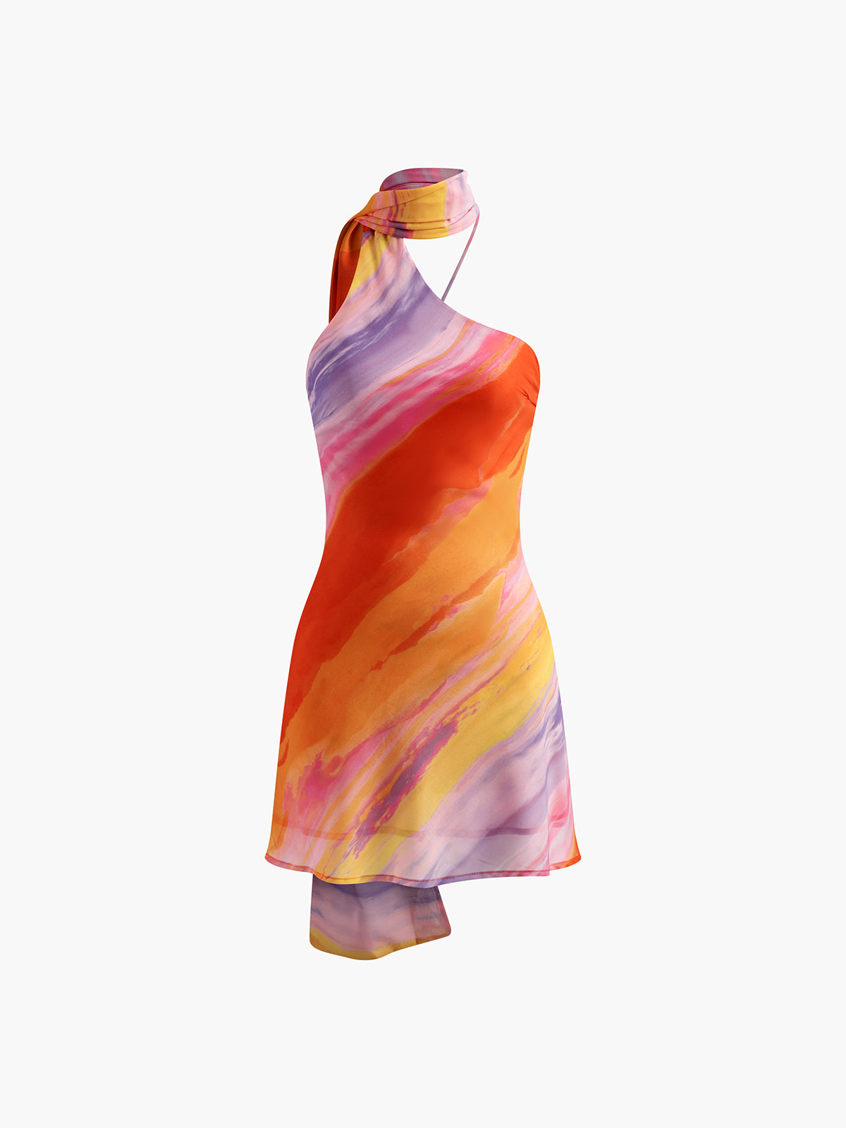 Halter Sırt Açık Batik Kısa Elbise Çok Renkli