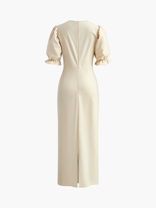 Sırtı Yırtmaçlı Puf Kollu Abiye Uzun Elbise