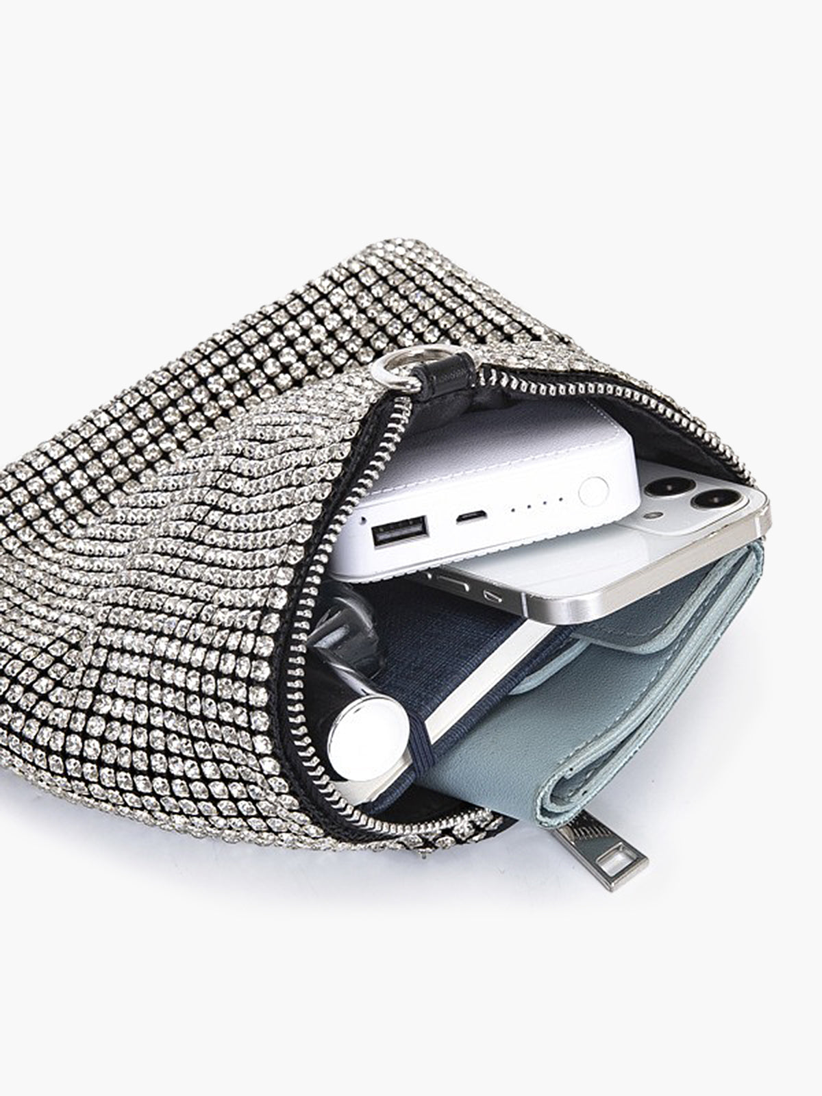 Rhinestone Üçgen Mini Çanta Gümüş Taşlı