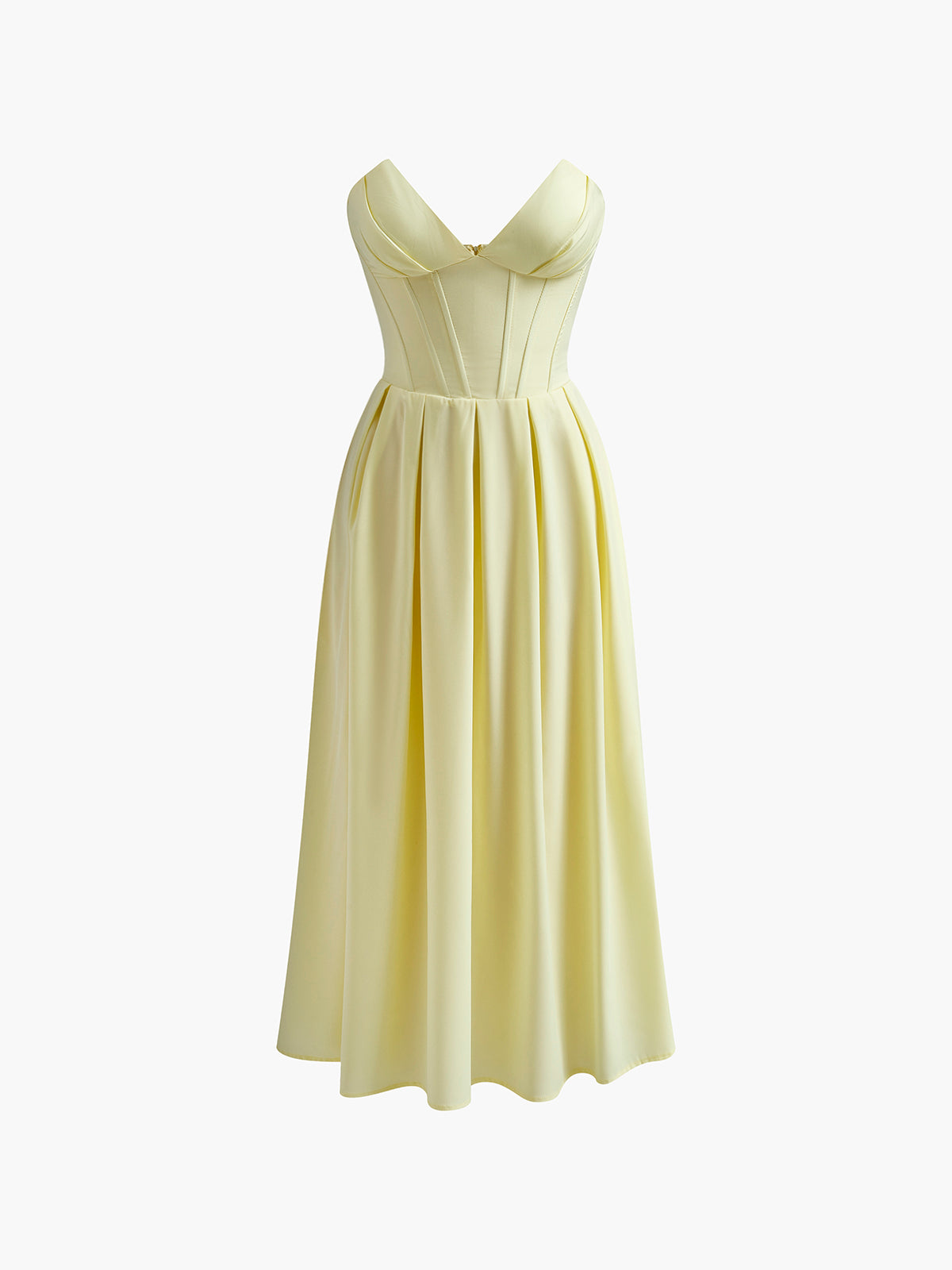 Pileli Biye Fermuarlı Abiye Tüp Elbise Sarı Midi