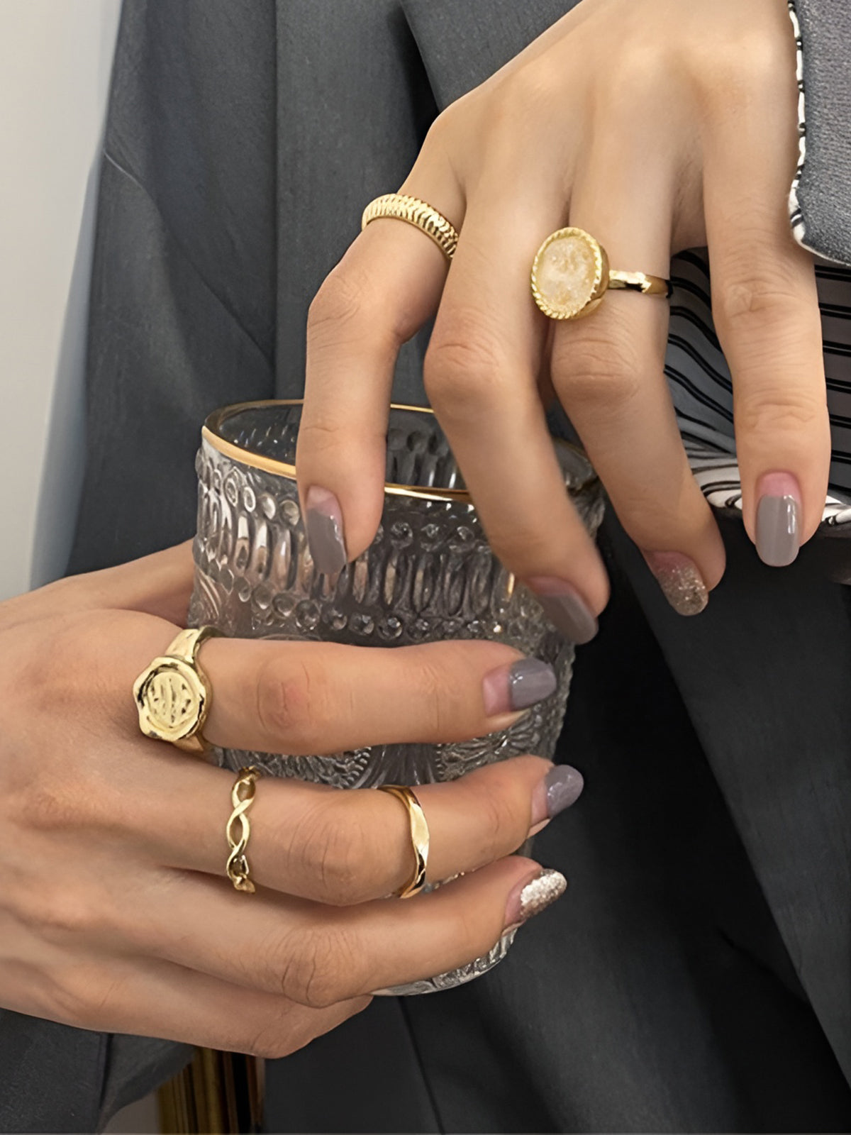 5 Adet Altın Çember Yüzük Seti Elegant