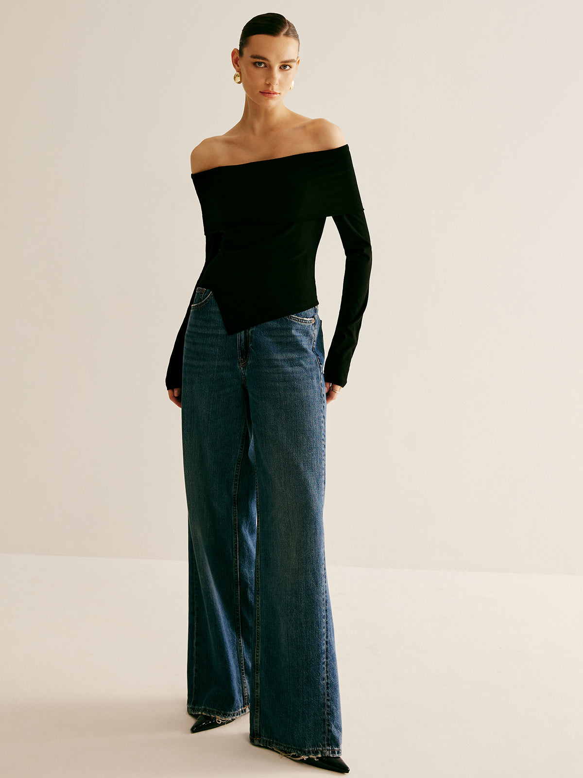 Tek Omuzlu Asimetrik Bluz Siyah Uzun Kol