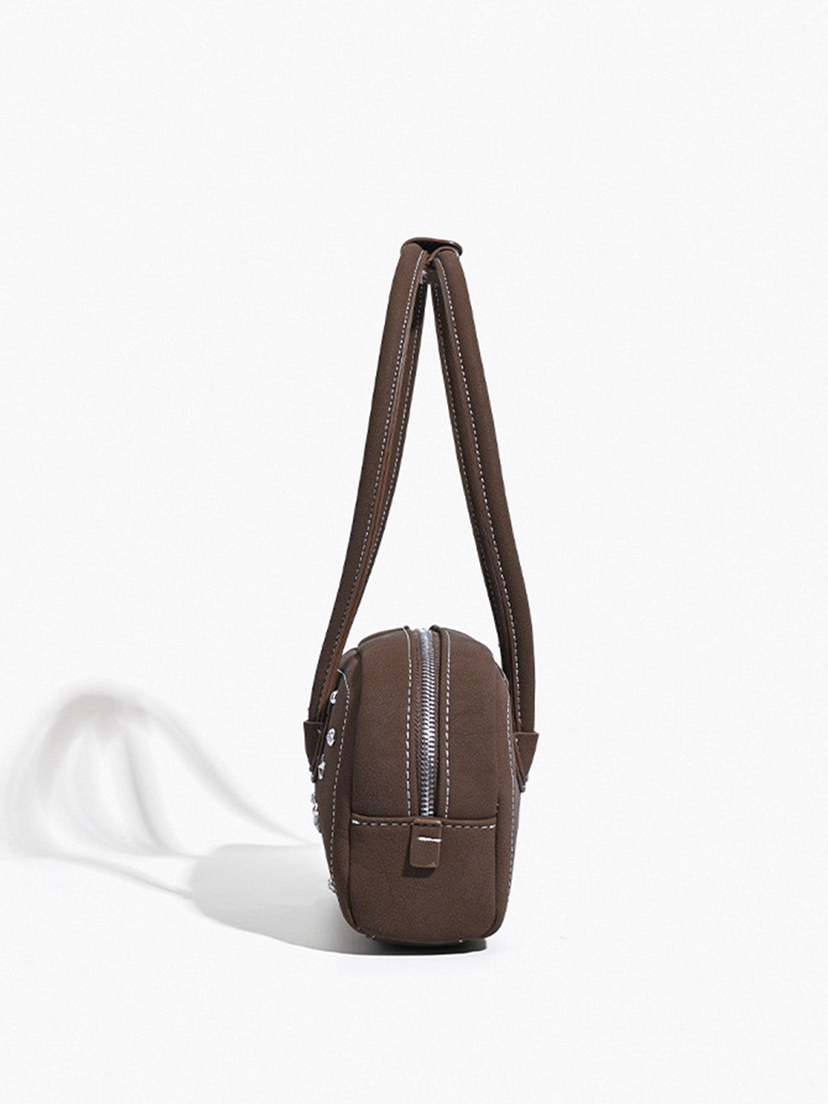 Strass Dekorlu Saplı Çanta Koyu Kahverengi Puantiyeli