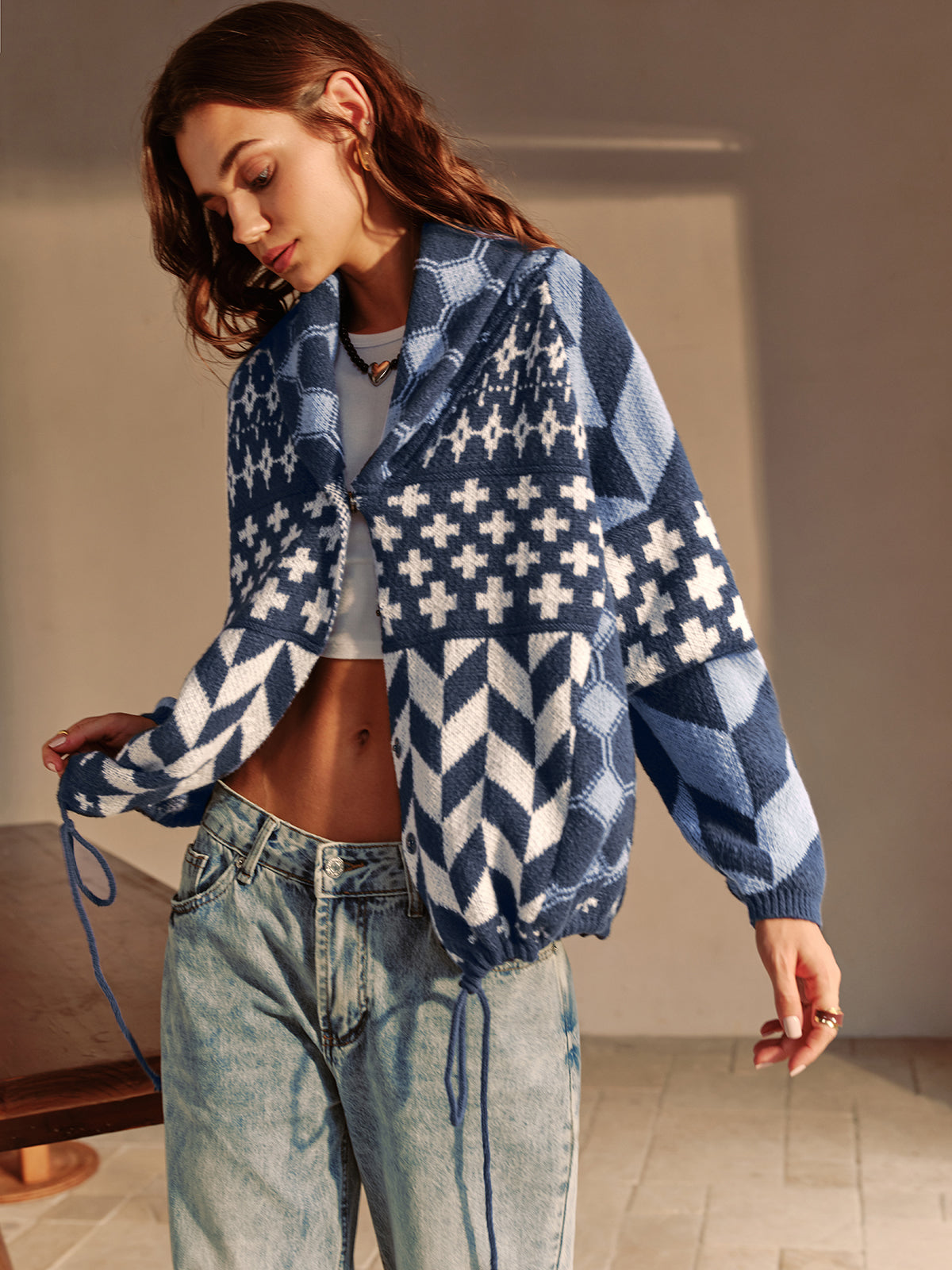 Boheme Baskılı Kıvrım Yaka Hırka Mavi Uzun Kol