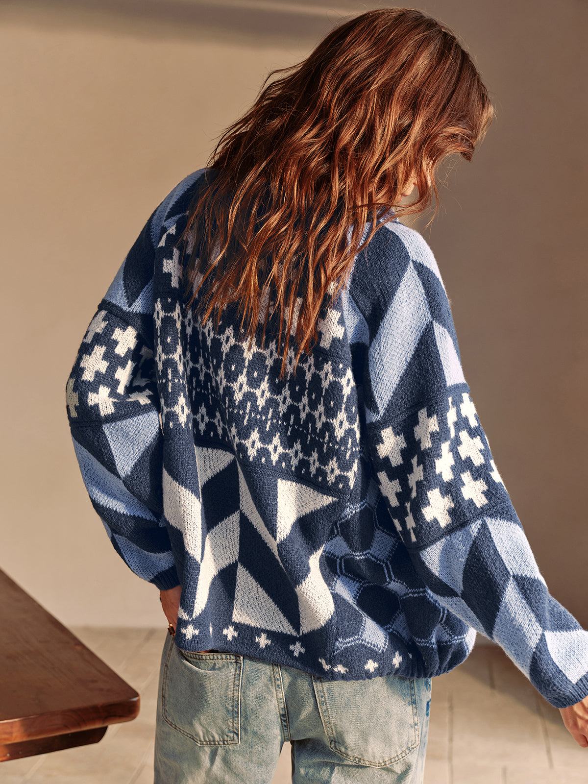 Boheme Baskılı Kıvrım Yaka Hırka Mavi Uzun Kol