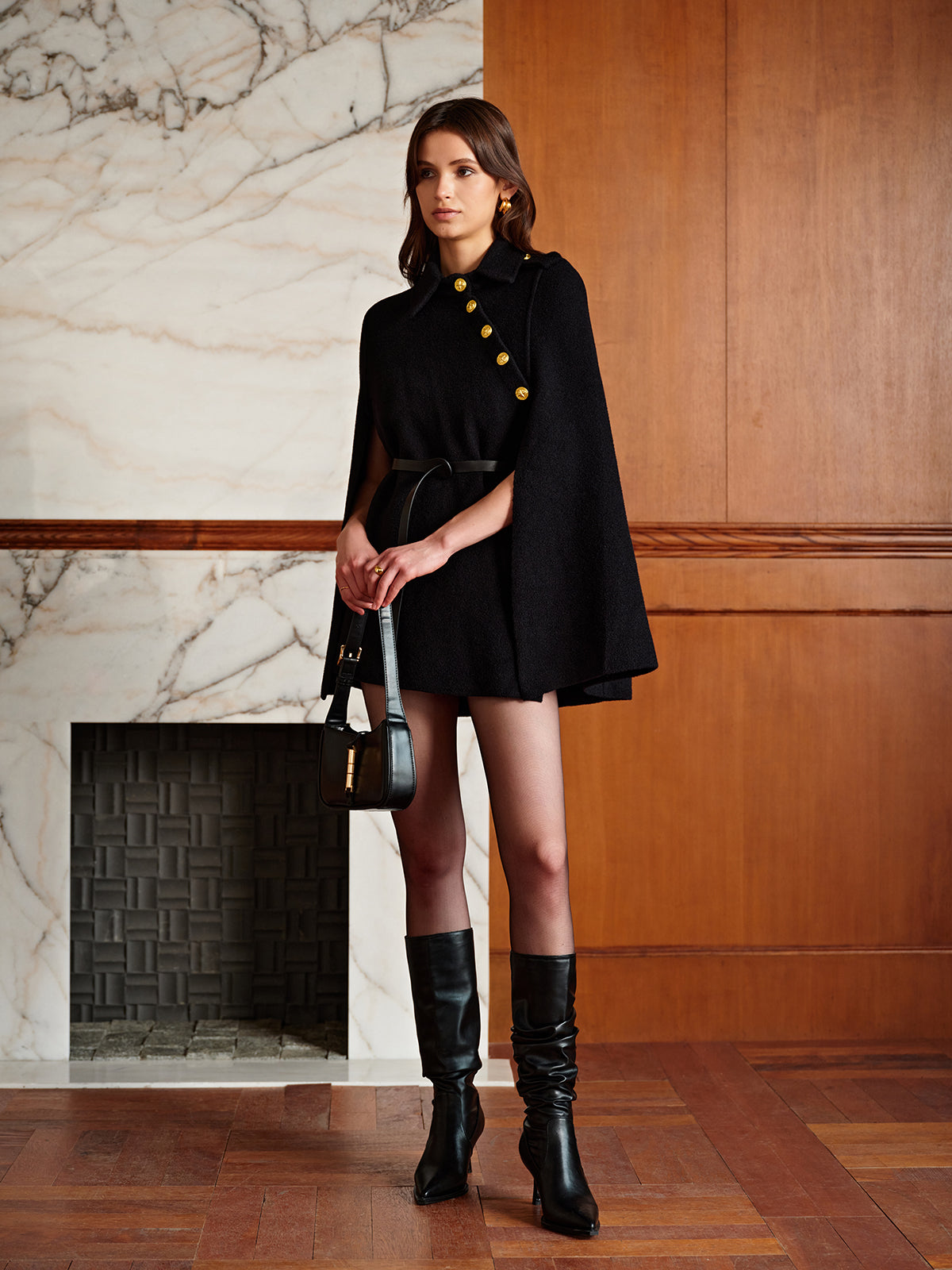 Altın Düğmeli Kuşaklı Pelerin Siyah Uzun Kol