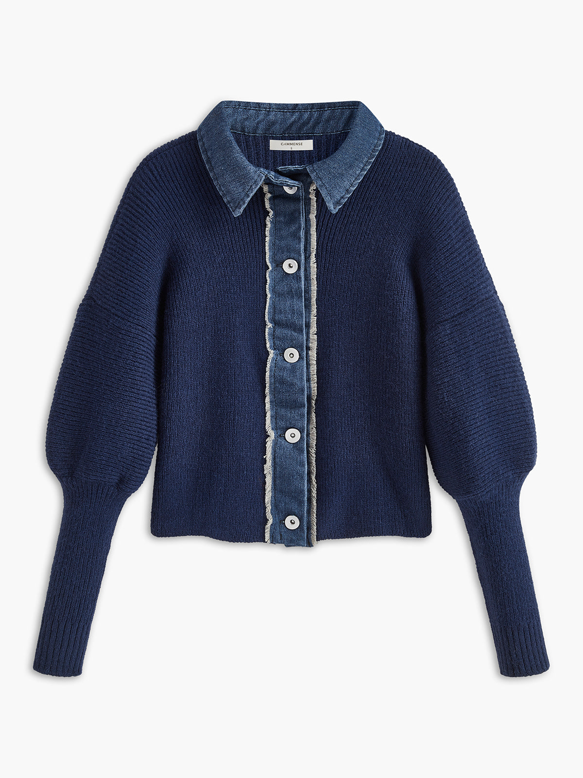 Pencere Yaka Esnek Düğmeli Triko Üst Mavi Uzun Kol