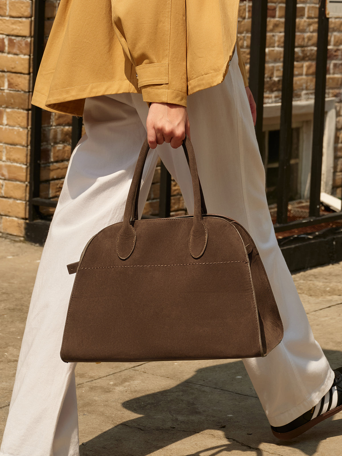 Retro Yan Tokalı Tote Çanta Kahverengi Üst Kulplu