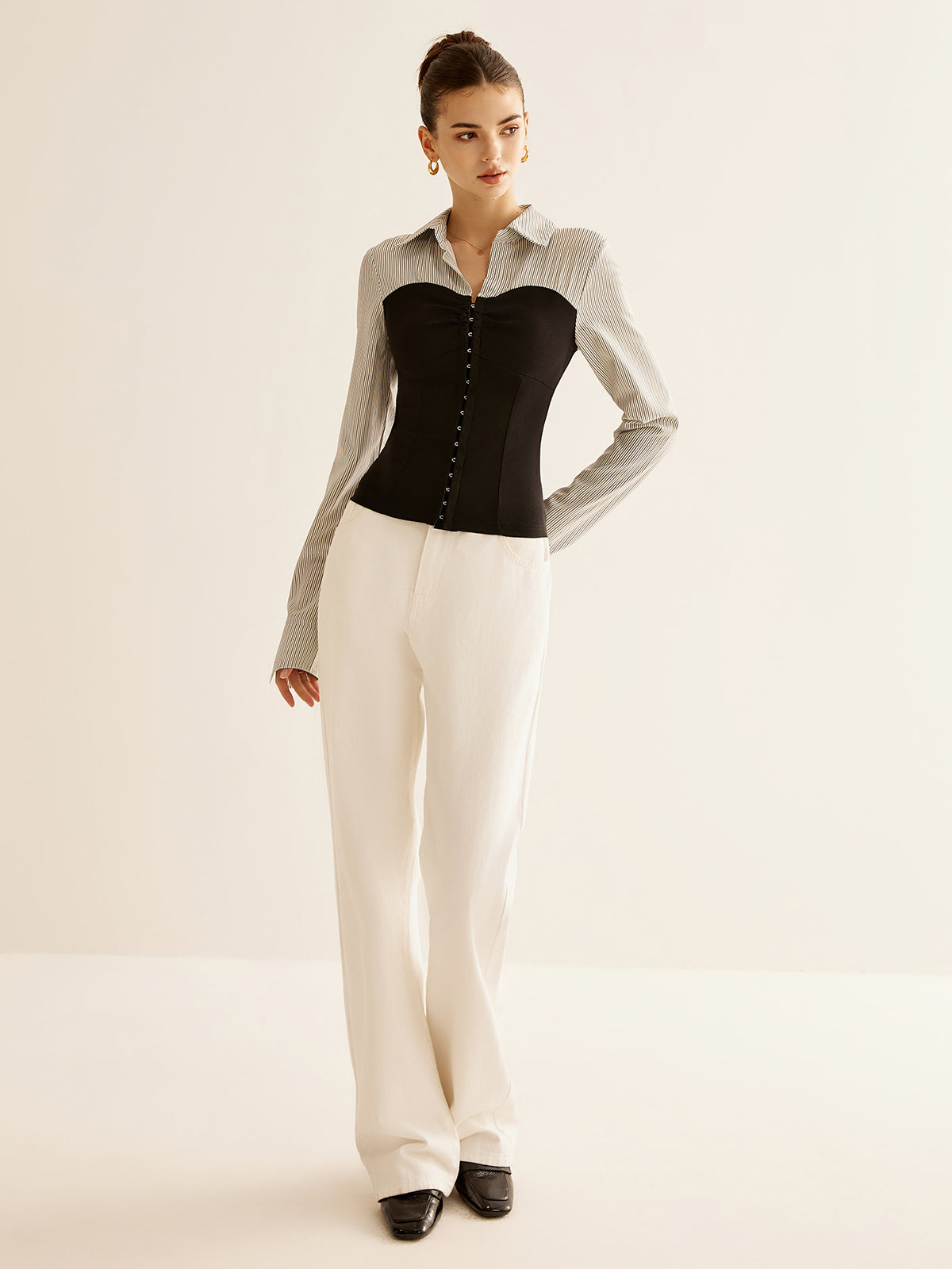 Renk Bloklu Panel Polo Bluz Uzun Kol Gri