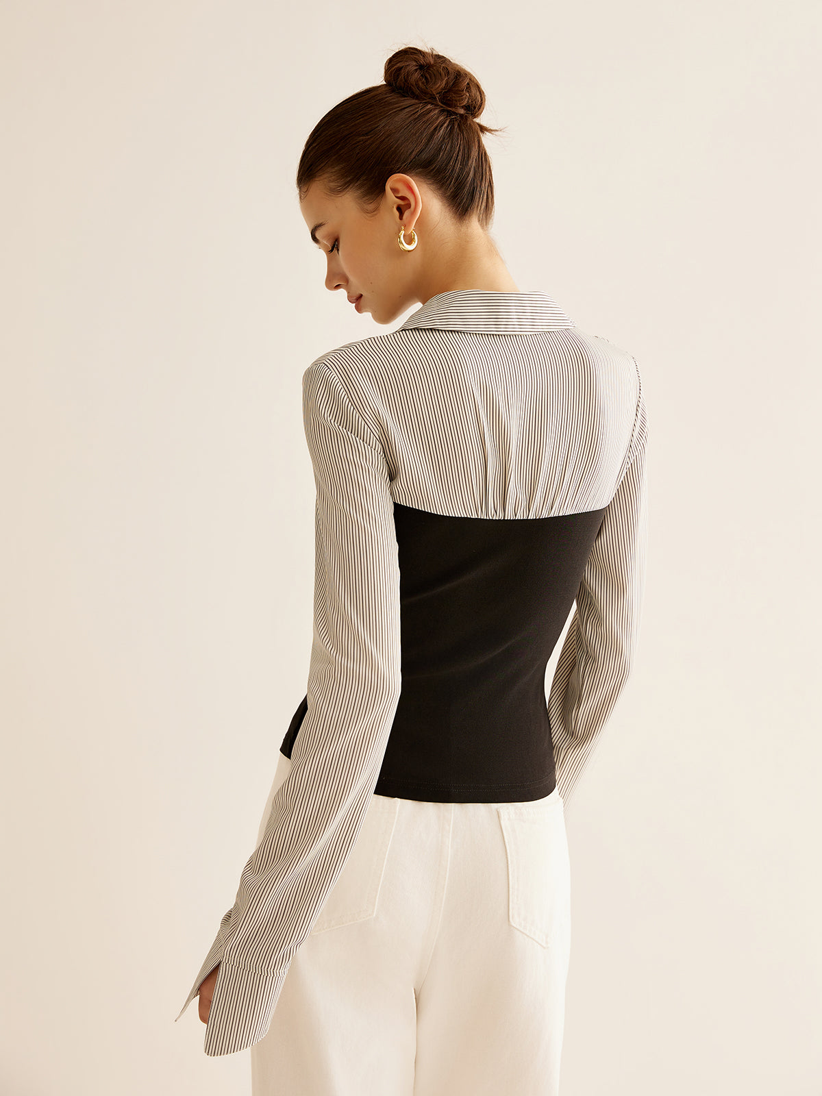 Renk Bloklu Panel Polo Bluz Uzun Kol Gri