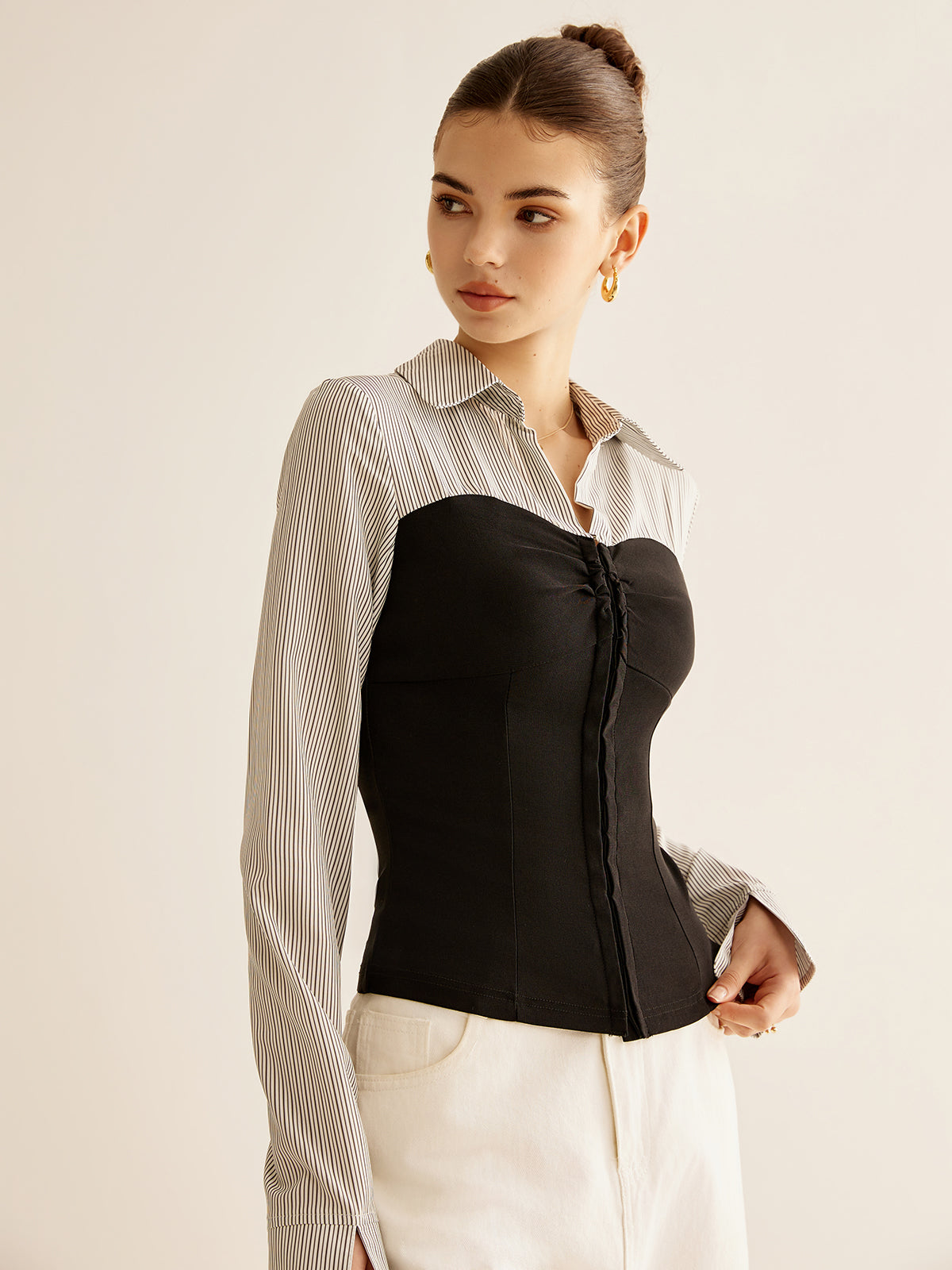 Renk Bloklu Panel Polo Bluz Uzun Kol Gri