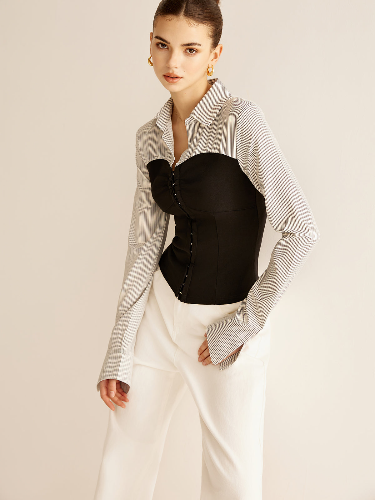 Renk Bloklu Panel Polo Bluz Uzun Kol Gri