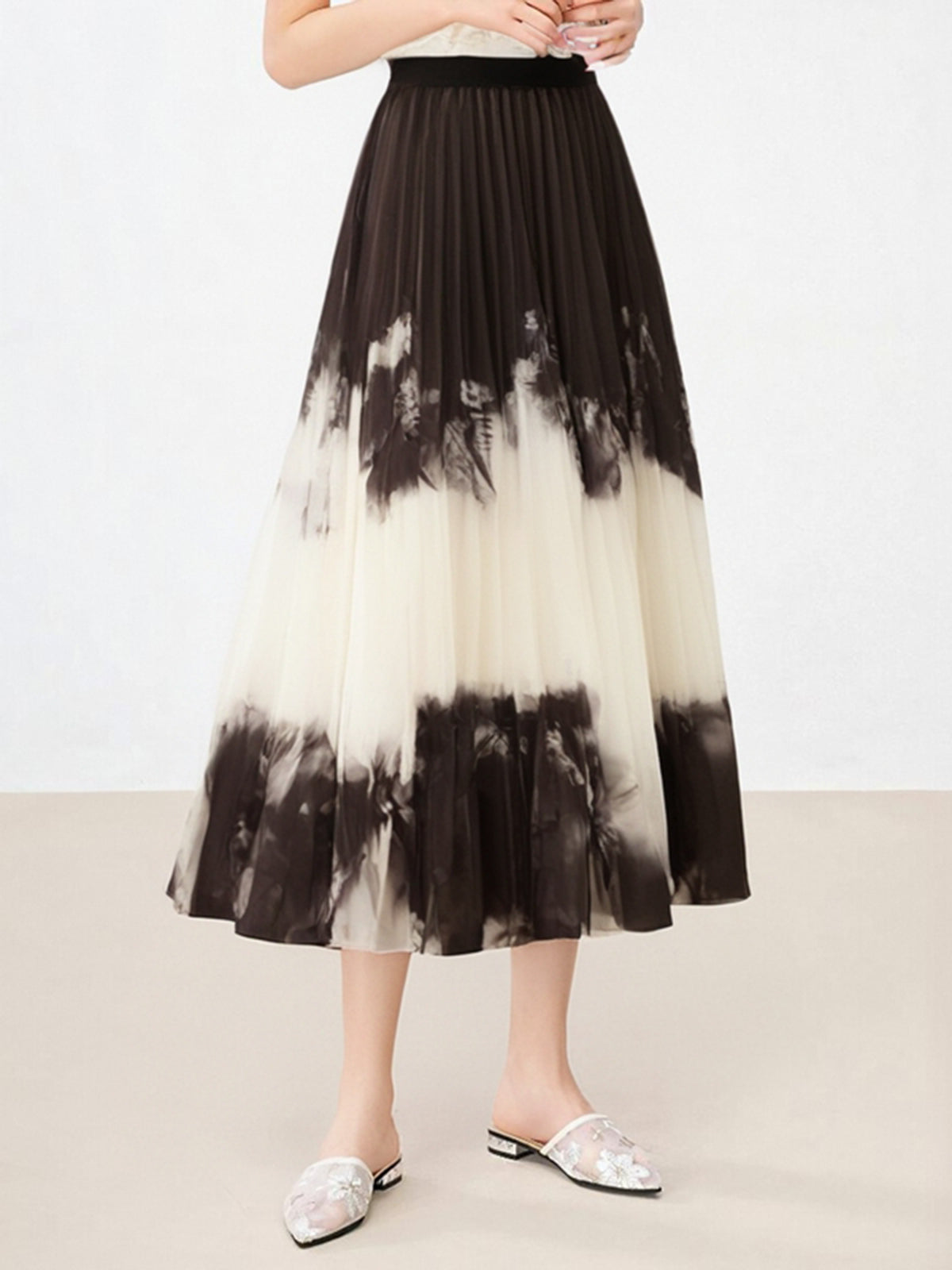 Vintage Tie Dye Fırfırlı Midi Etek Haki Orta Bel