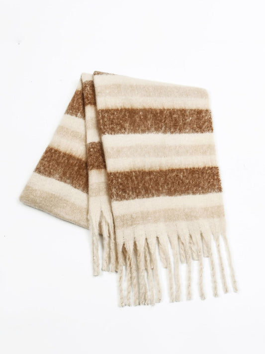 Renk Bloklu Çizgili Ponponlu Şal