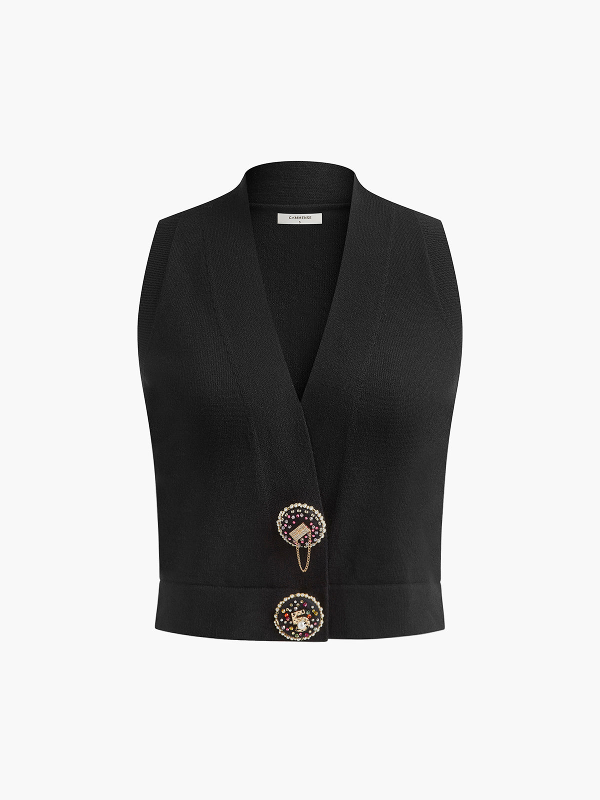 Kristal Düğmeli Triko Yelek Siyah V Yaka