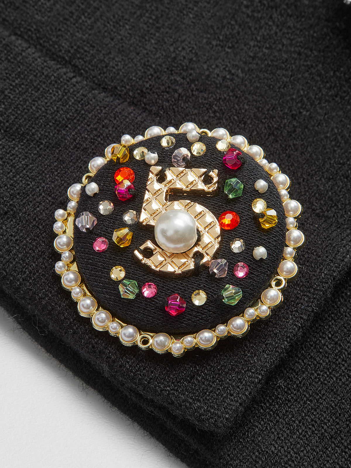 Kristal Düğmeli Triko Yelek Siyah V Yaka