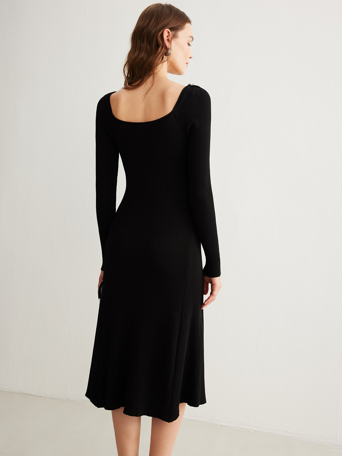 Stras Taşlı Triko Midi Elbise Siyah V Yaka