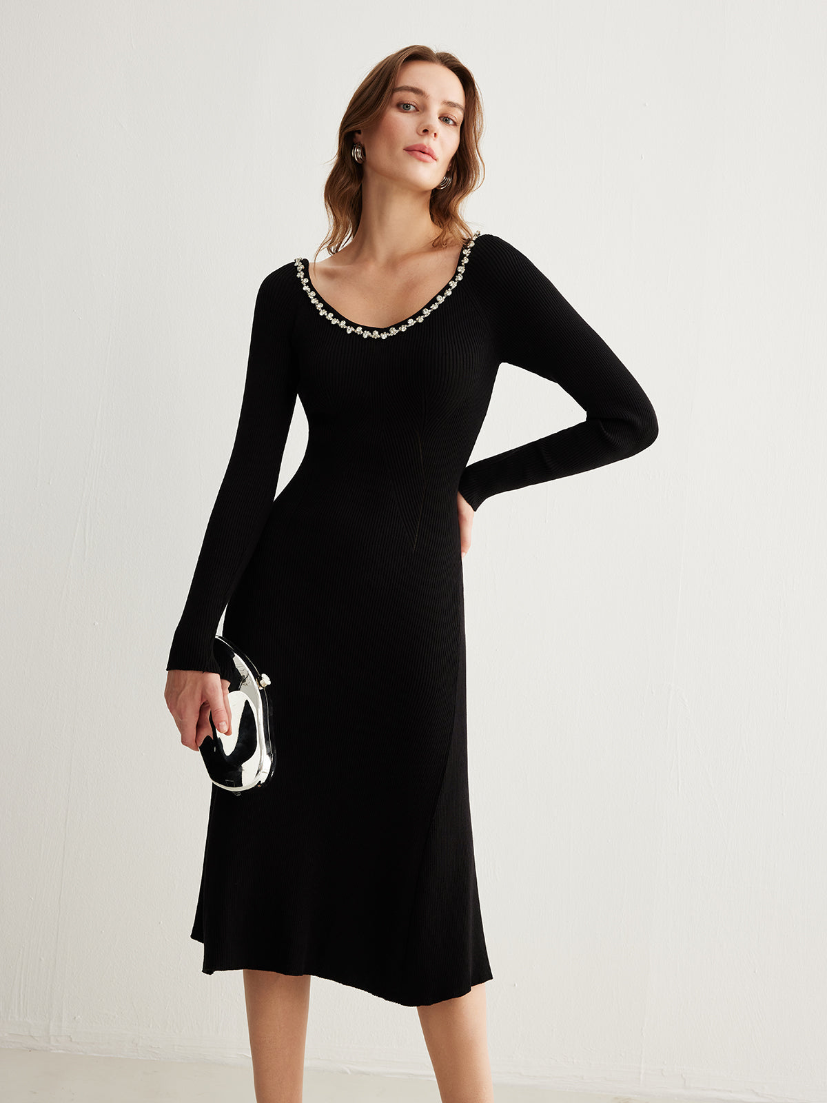 Stras Taşlı Triko Midi Elbise Siyah V Yaka