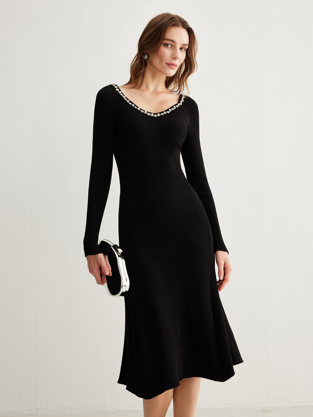 Stras Taşlı Triko Midi Elbise Siyah V Yaka