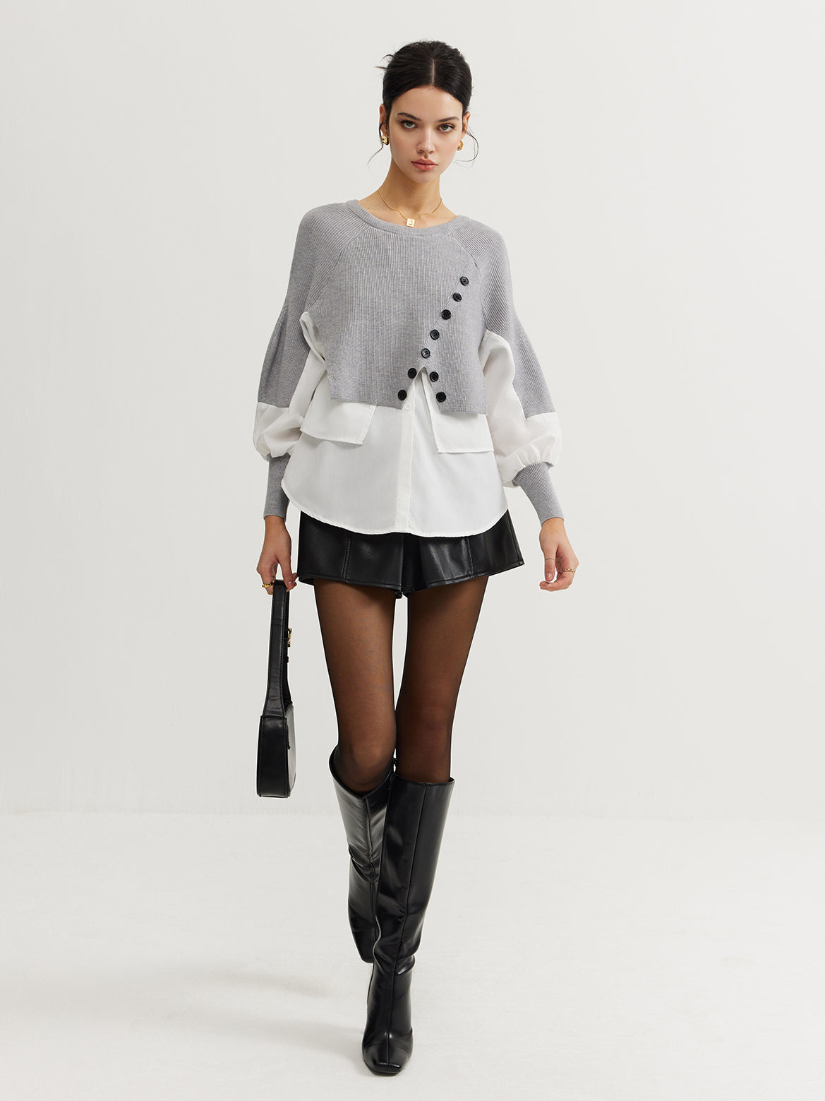 Renk Bloklu Panel Triko Üst Gri Uzun Kollu