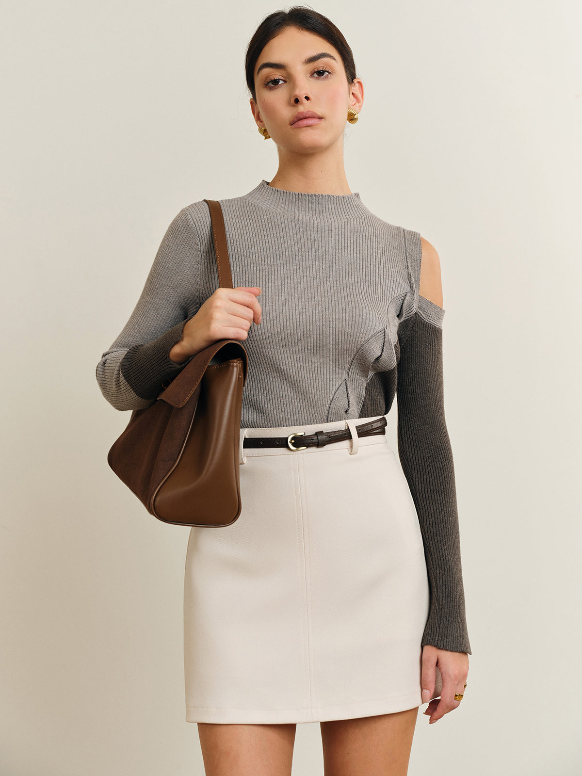 Renk Bloklu Kısa Kesim Triko Üst Gri Uzun Kol