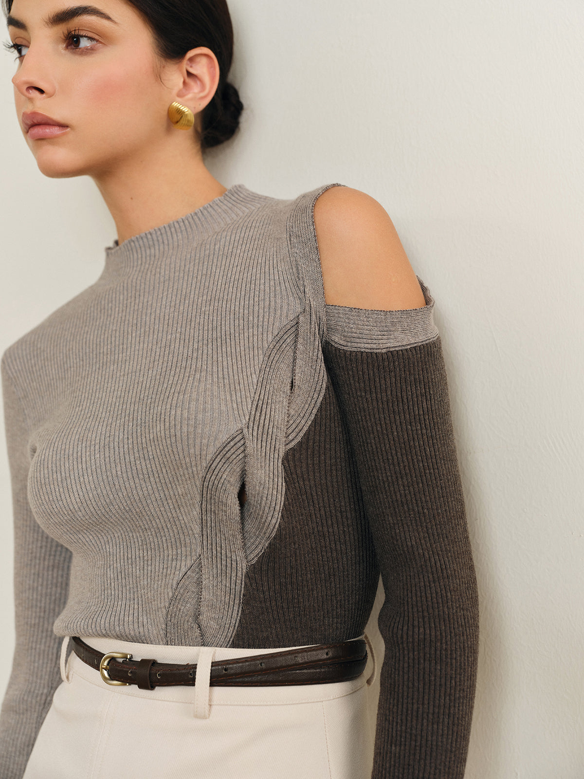 Renk Bloklu Kısa Kesim Triko Üst Gri Uzun Kol