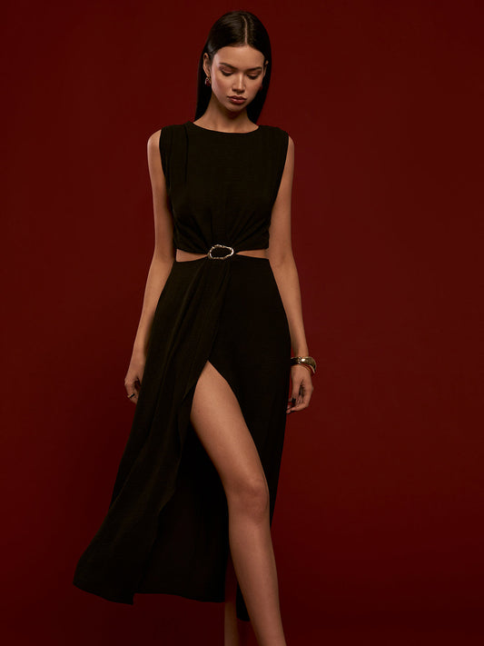 Metal Halka Kesik Piliseli Abiye Elbise