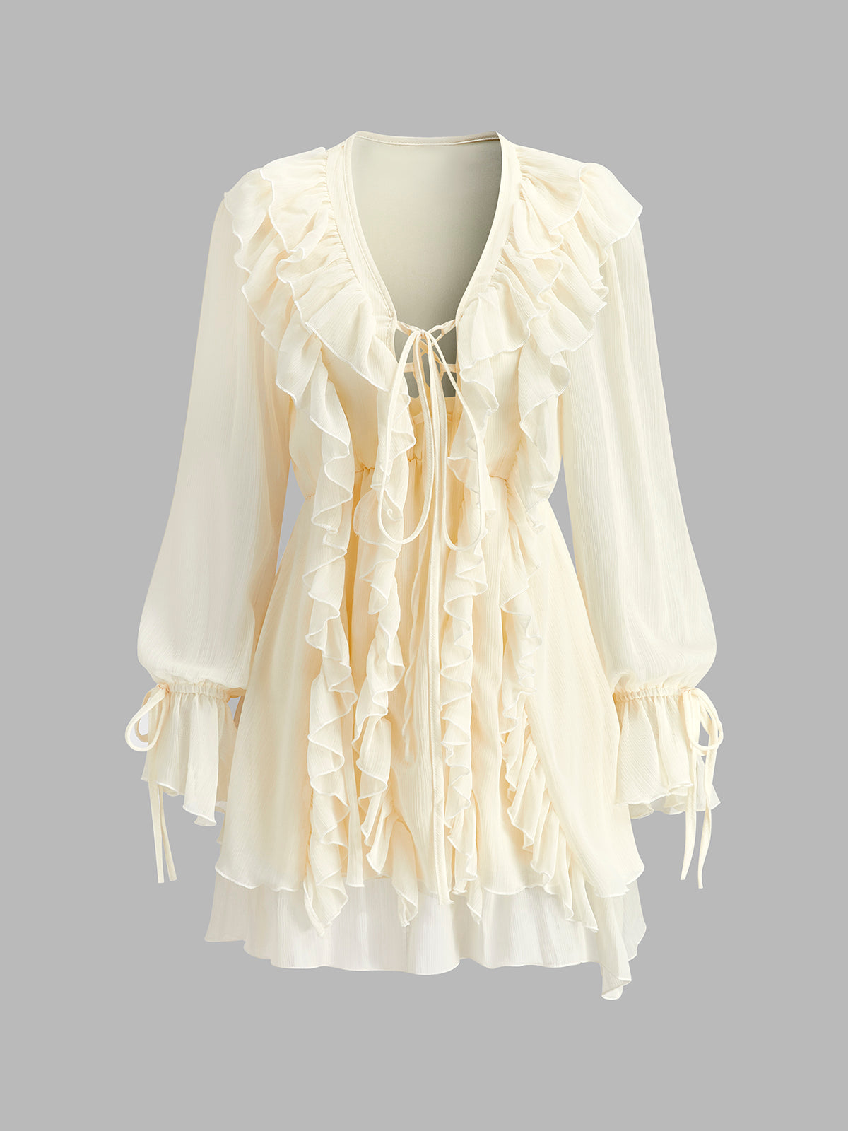 Romantik Volanlı Şifon Elbise Uzun Kol Kayısı