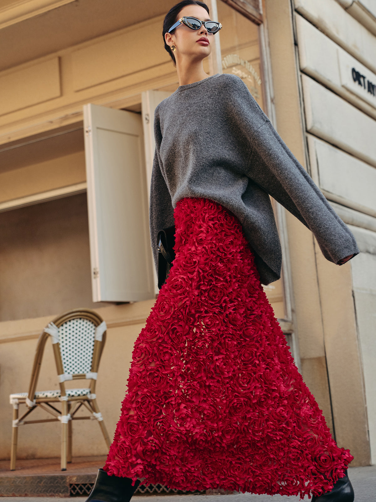 Yüksek Bel Gül Desenli Maxi Etek Kırmızı Jakarlı