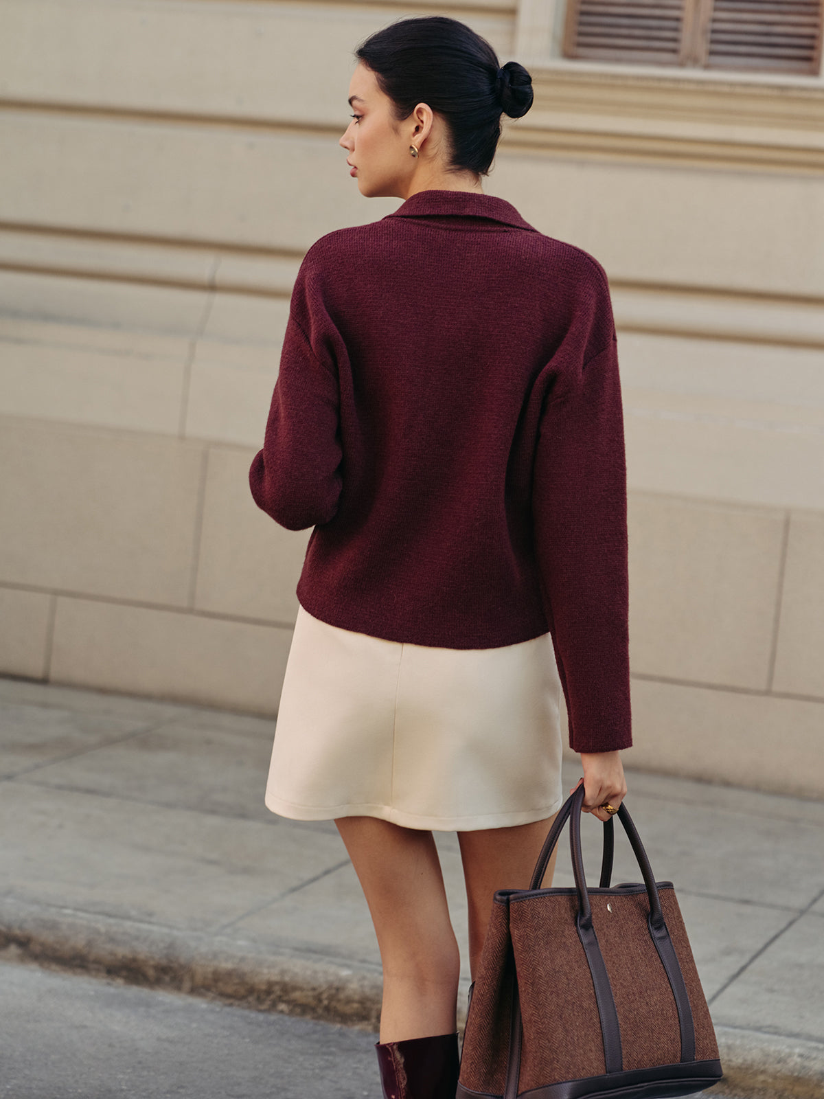 Fermuarlı Polo Yaka Hırka Bordo Jerse Kumaş