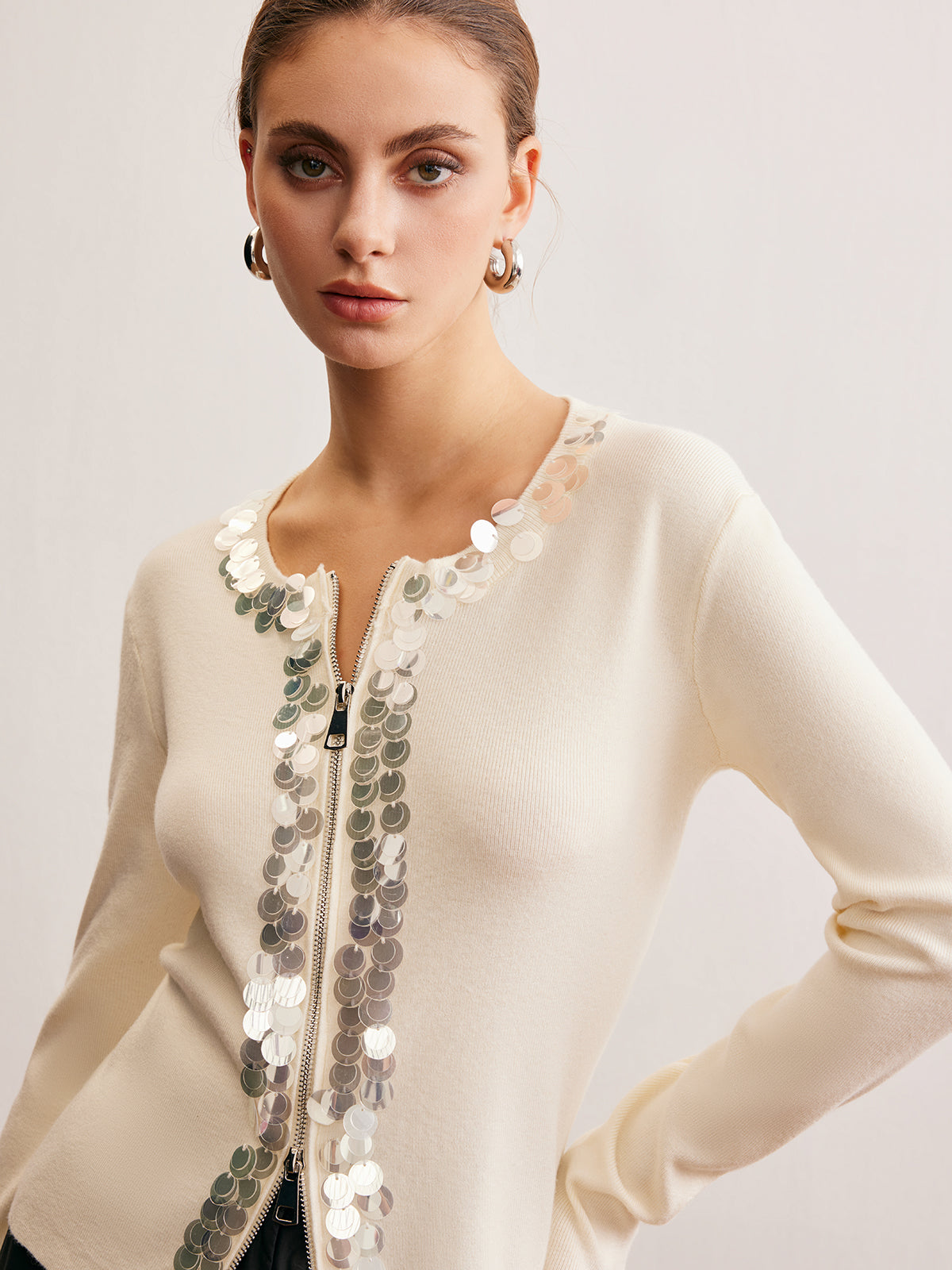 Payetli İki Yönlü Fermuarlı Hırka Beyaz Simli