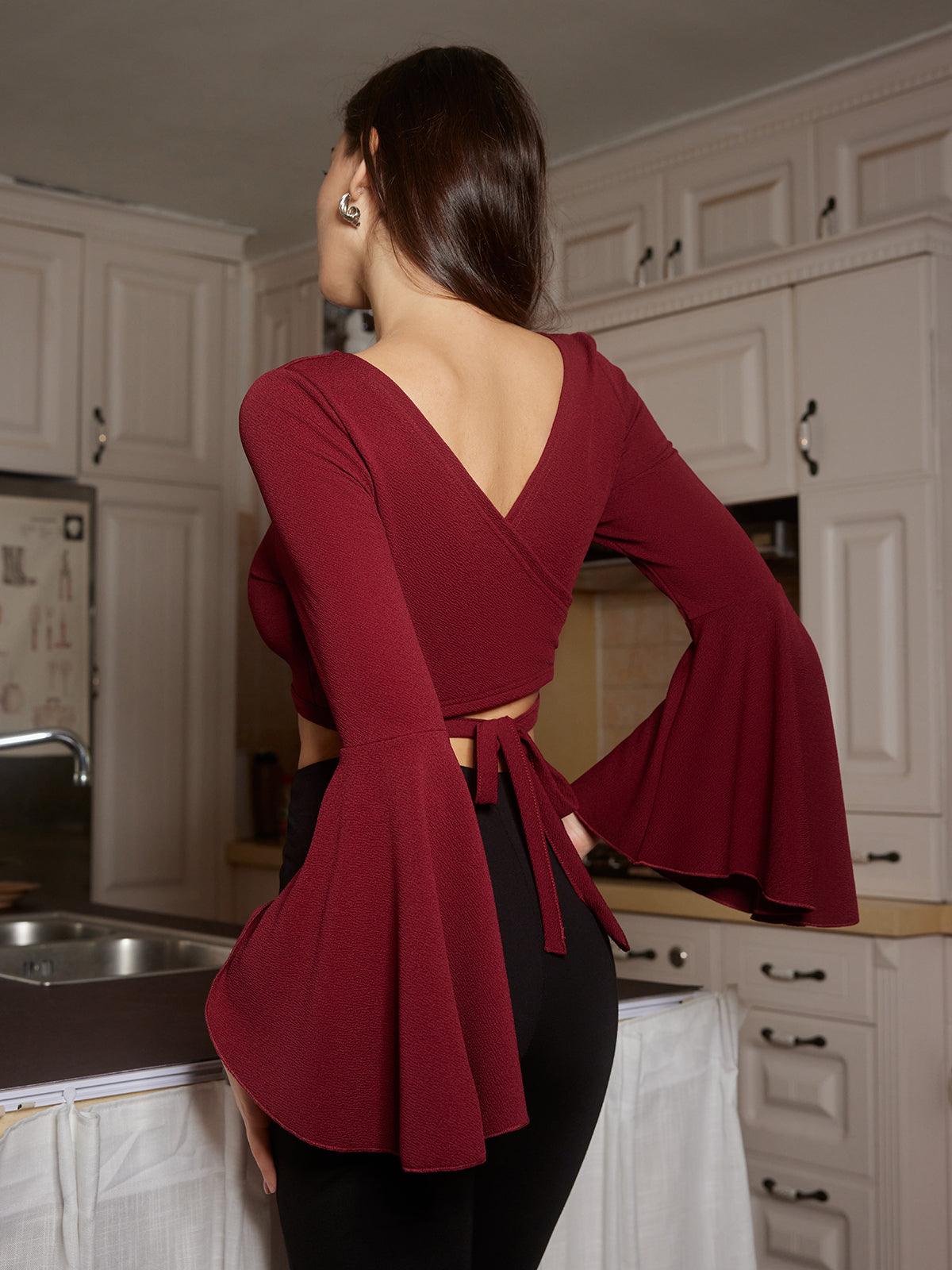 Volanlı Bağcık Detaylı Kısa Üst Bordo Uzun Kol
