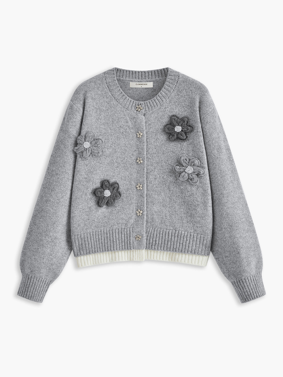 3D Çiçek Detaylı Kadife Hırka Gri Kontrast Kenar