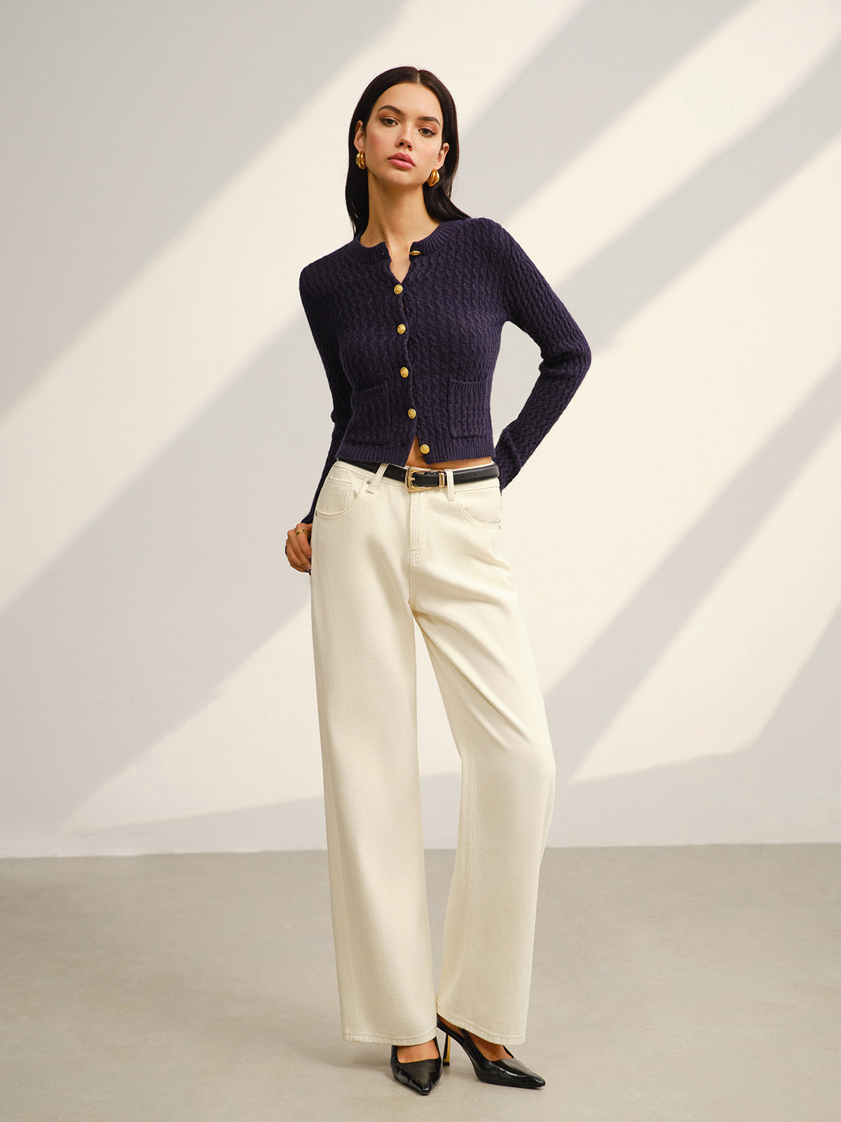 Düğmeli Triko Hırka Lacivert Metal Detaylı Cepli