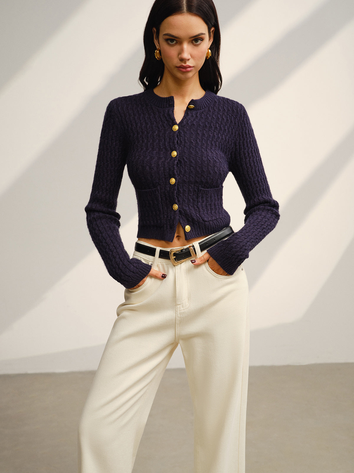 Düğmeli Triko Hırka Lacivert Metal Detaylı Cepli