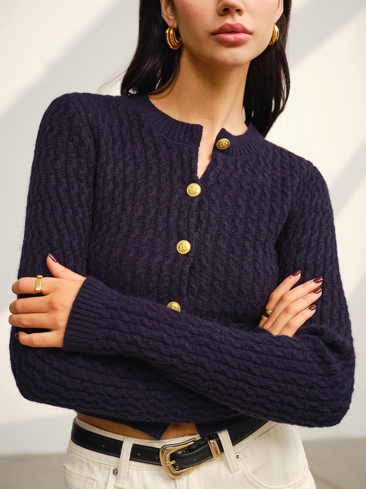 Düğmeli Triko Hırka Lacivert Metal Detaylı Cepli