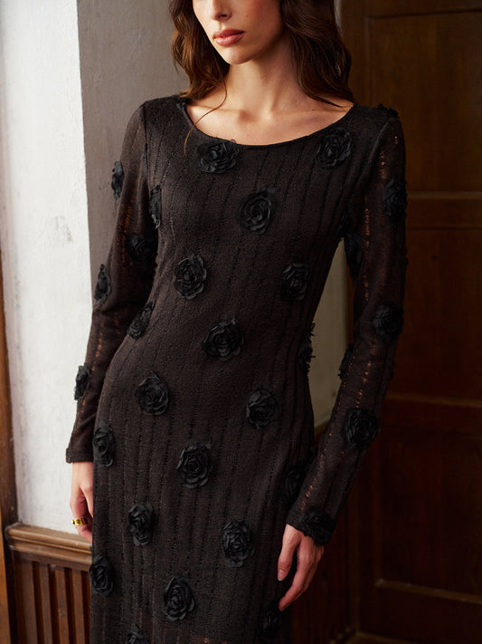 Büyüleyici 3D Çiçekli Uzun Kollu Abiye Elbise