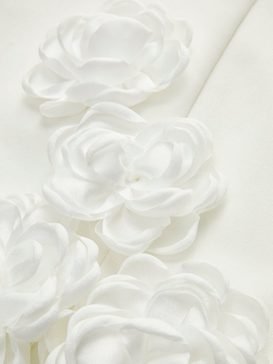 Çarpıcı 3D Çiçek Desenli Askılı Kısa Abiye Elbise Fermuar Detayıyla