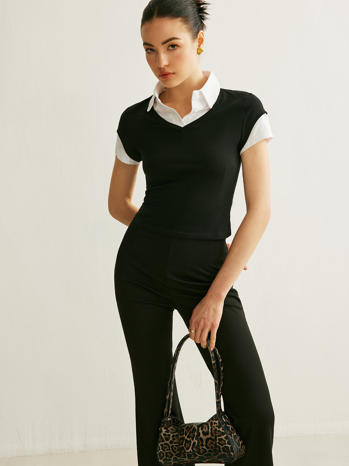 Renk Bloklu Polo Yaka Kısa Kollu Üst Siyah Slim Fit